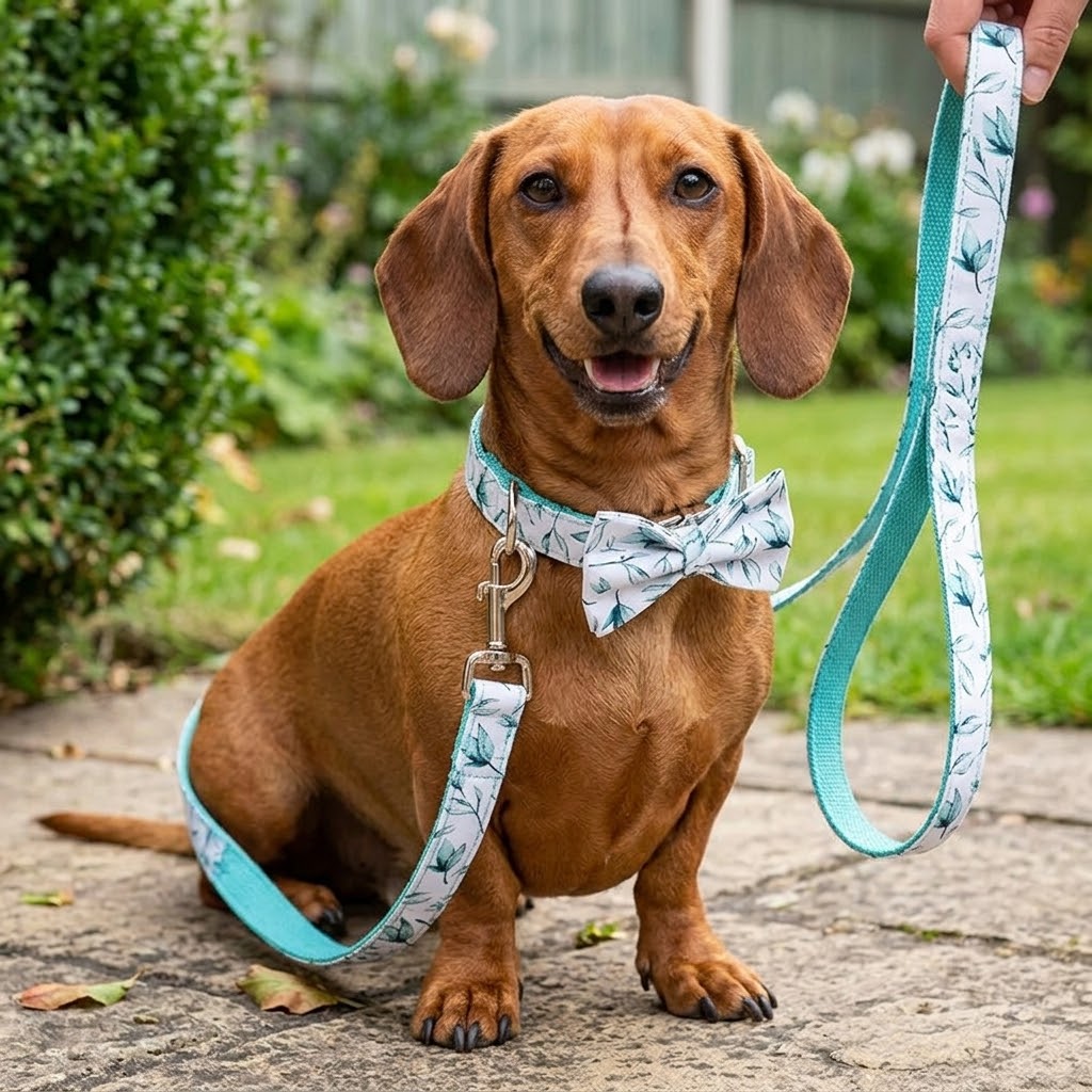 Leaf Print Bowtie Dog Collar and Leash Set