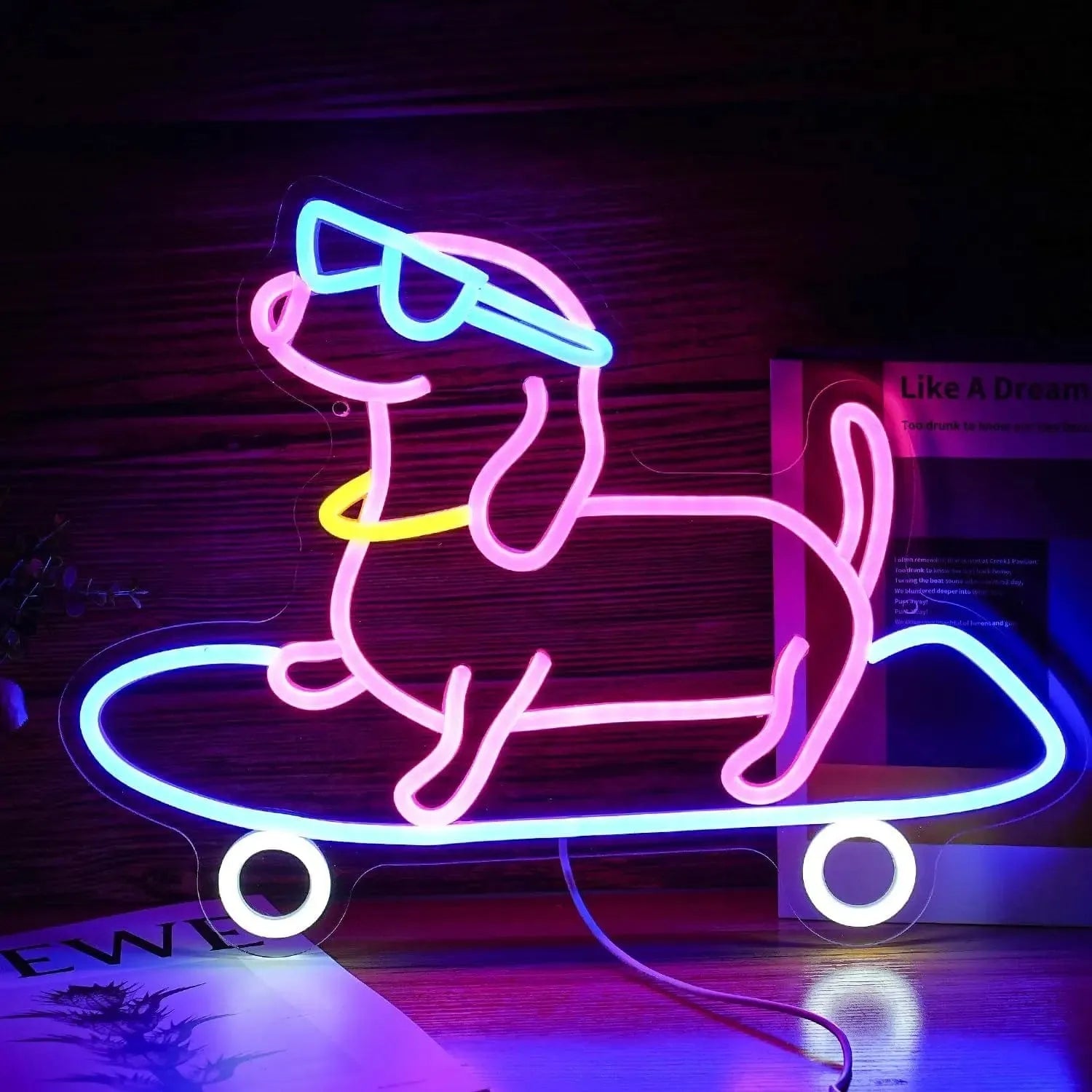 Christmas Dachshund Neon Sign Pink Dachshund  with Skateboard The Doxie World