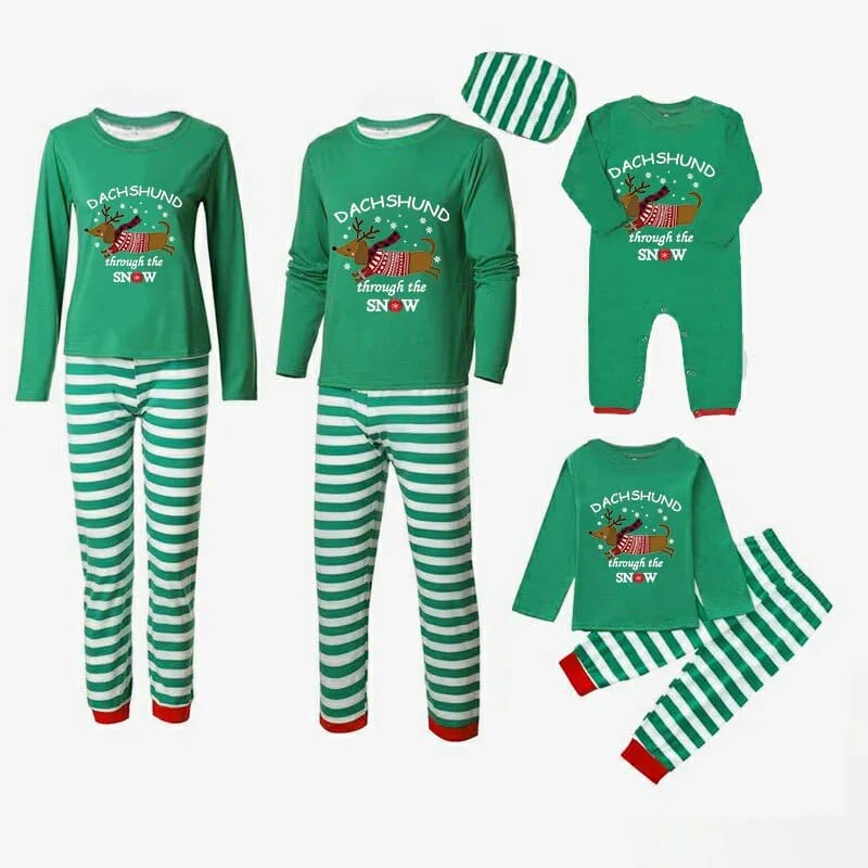 Christmas Matching Family Pajamas Dachshund Through The Snow Green Stripes Reindeer Pajamas Set Green / 3M / China The Doxie World