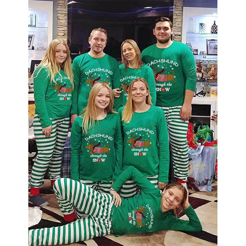 Christmas Matching Family Pajamas Dachshund Through The Snow Green Stripes Reindeer Pajamas Set The Doxie World