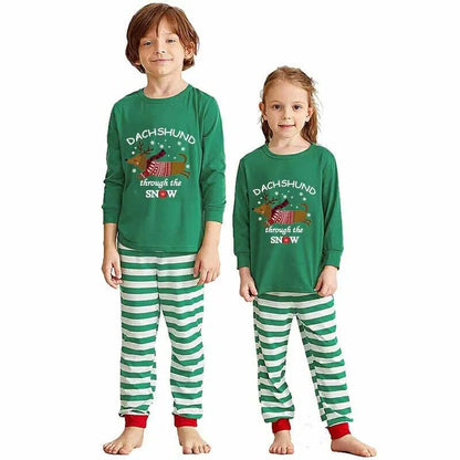 Christmas Matching Family Pajamas Dachshund Through The Snow Green Stripes Reindeer Pajamas Set The Doxie World
