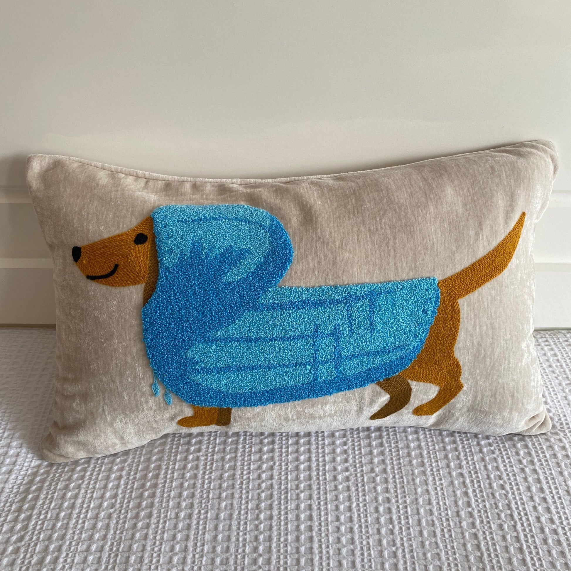 Embroidered Dachshund Pillow Blue raincoat / Cushion cover The Doxie World