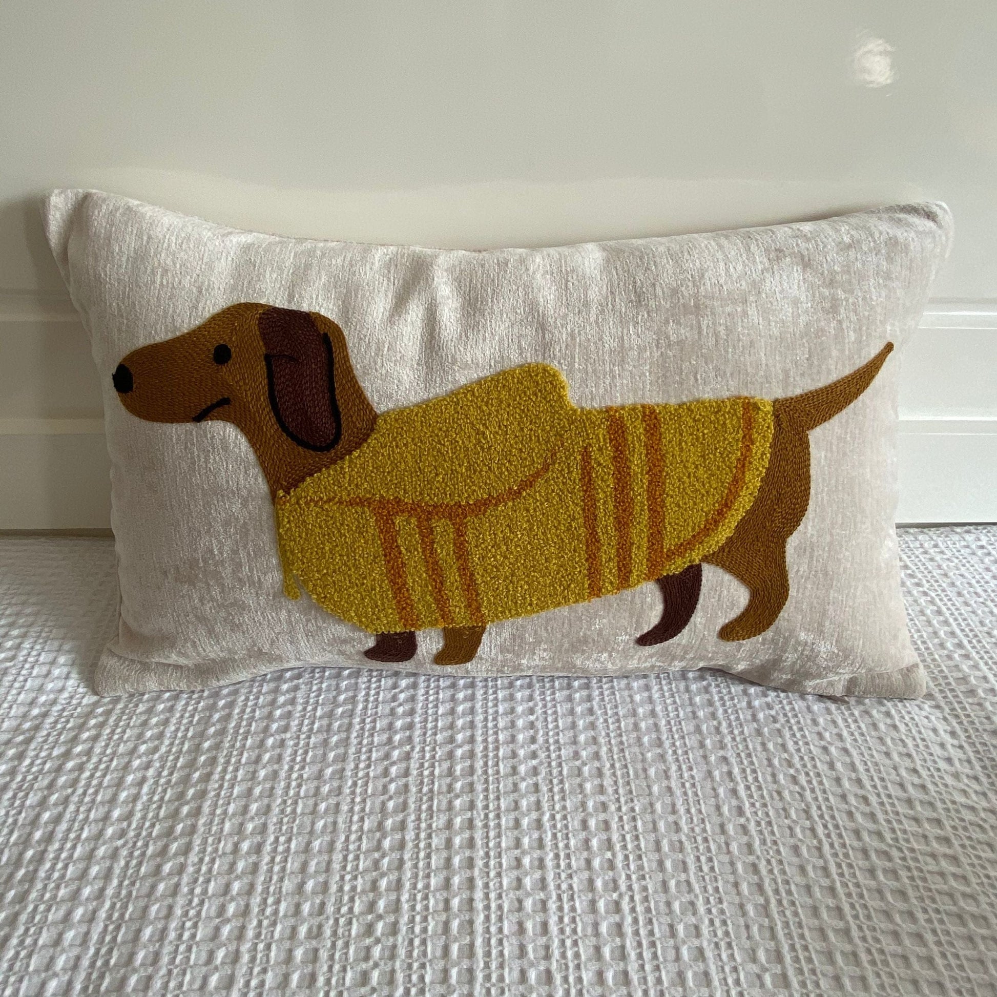 Embroidered Dachshund Pillow Yellow raincoat / Cushion cover The Doxie World