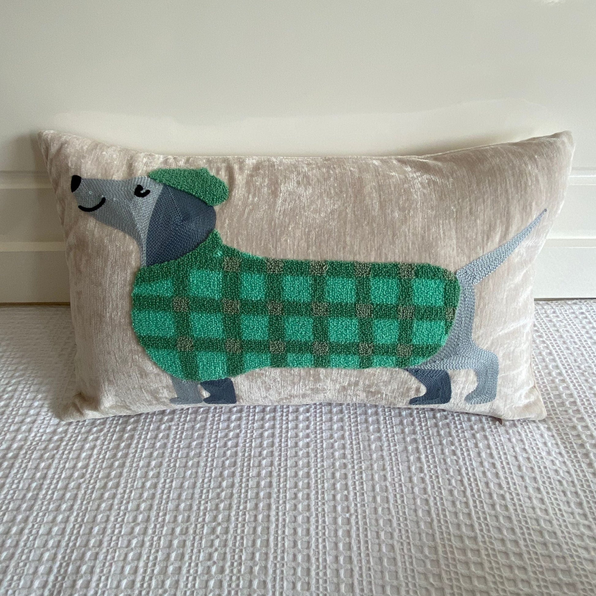 Embroidered Dachshund Pillow Green sweater / Cushion cover The Doxie World