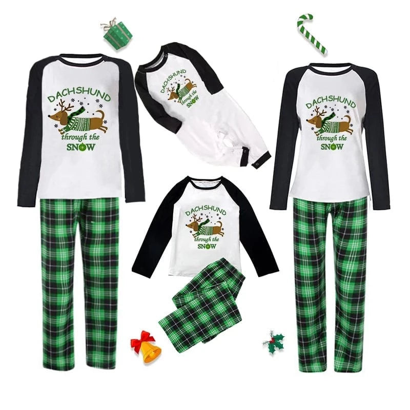 Christmas Matching Family Pajamas Dachshund Through The Snow Green Pajamas Set Green / 3M / China The Doxie World