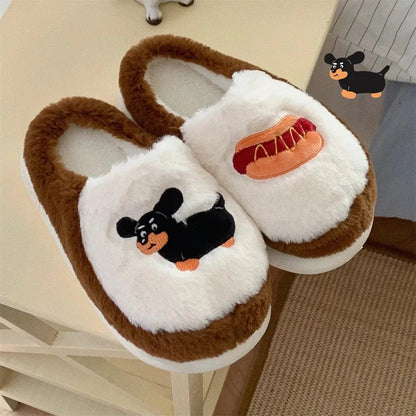 Hot Dog Dachshund Slippers White &  Brown / 35-36/ 5-6/ 3-4 The Doxie World