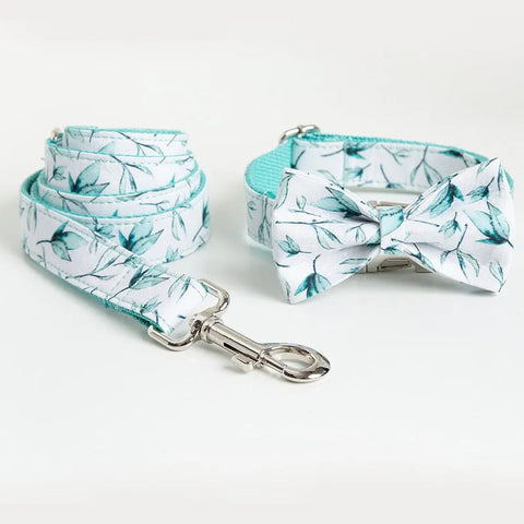 Leaf Print Bowtie Dog Collar and Leash Set L The Doxie World