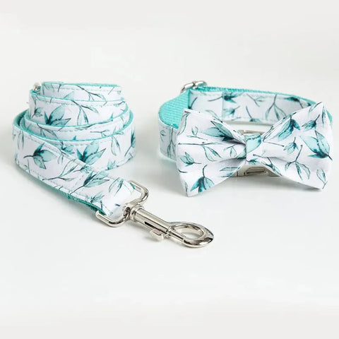 Leaf Print Bowtie Dog Collar and Leash Set L The Doxie World