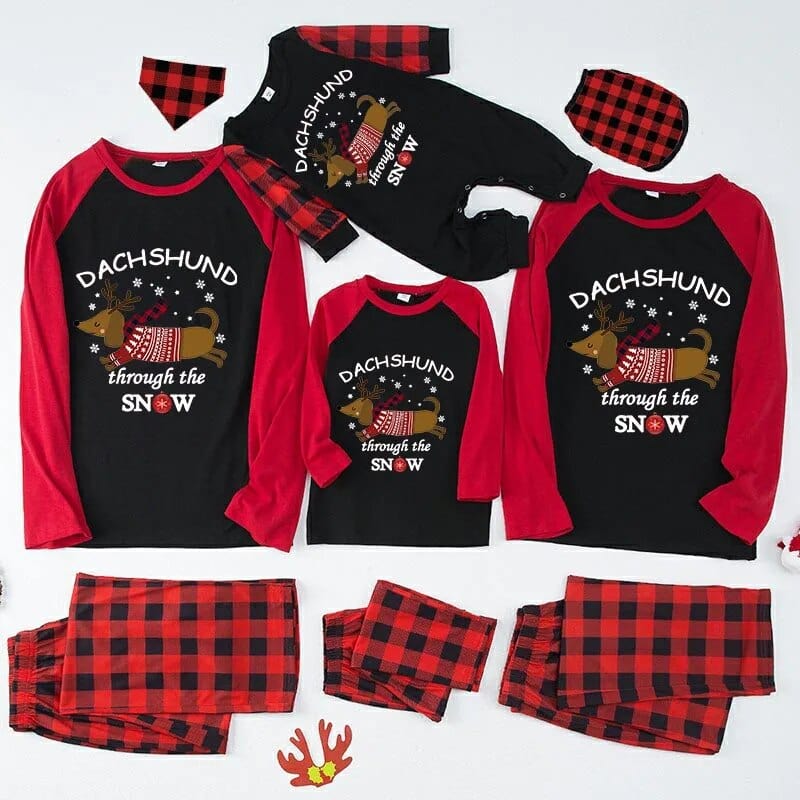 Christmas Matching Family Pajamas Dachshund Through The Snow Black Red Reindeer Pajamas Set Red / 3M / China The Doxie World