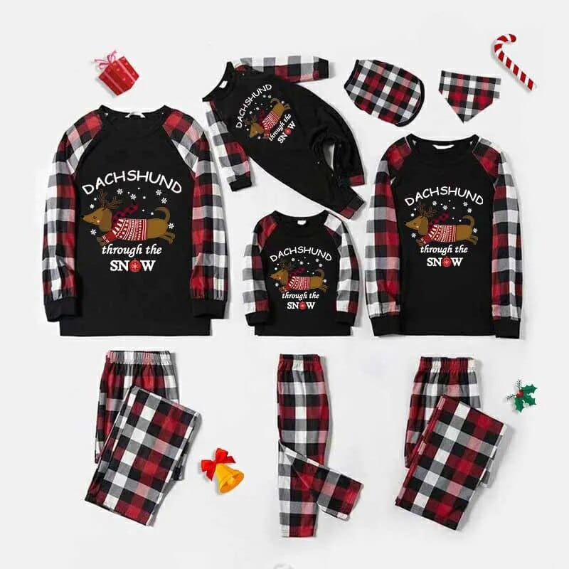 Christmas Matching Family Pajamas Dachshund Through The Snow Black Red Reindeer Pajamas Set Black / 3M / China The Doxie World