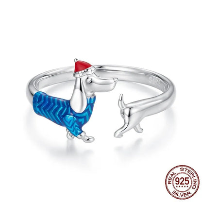 S925 Sterling Silver Christmas Sausage Dog Ring BSR721 E null