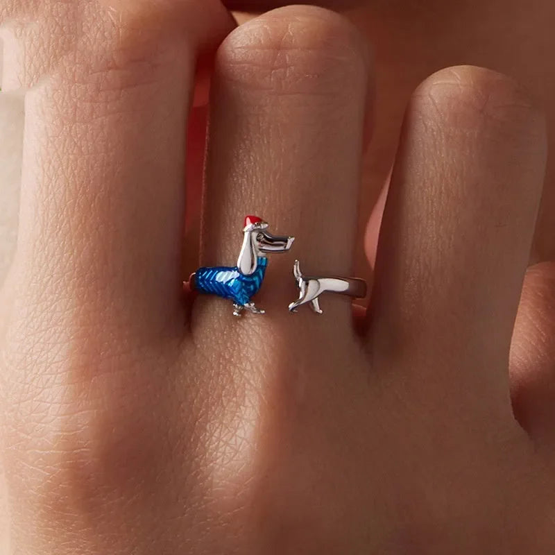 S925 Sterling Silver Christmas Sausage Dog Ring BSR721 E null