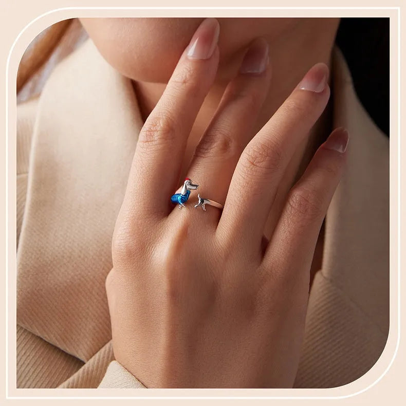 S925 Sterling Silver Christmas Sausage Dog Ring null