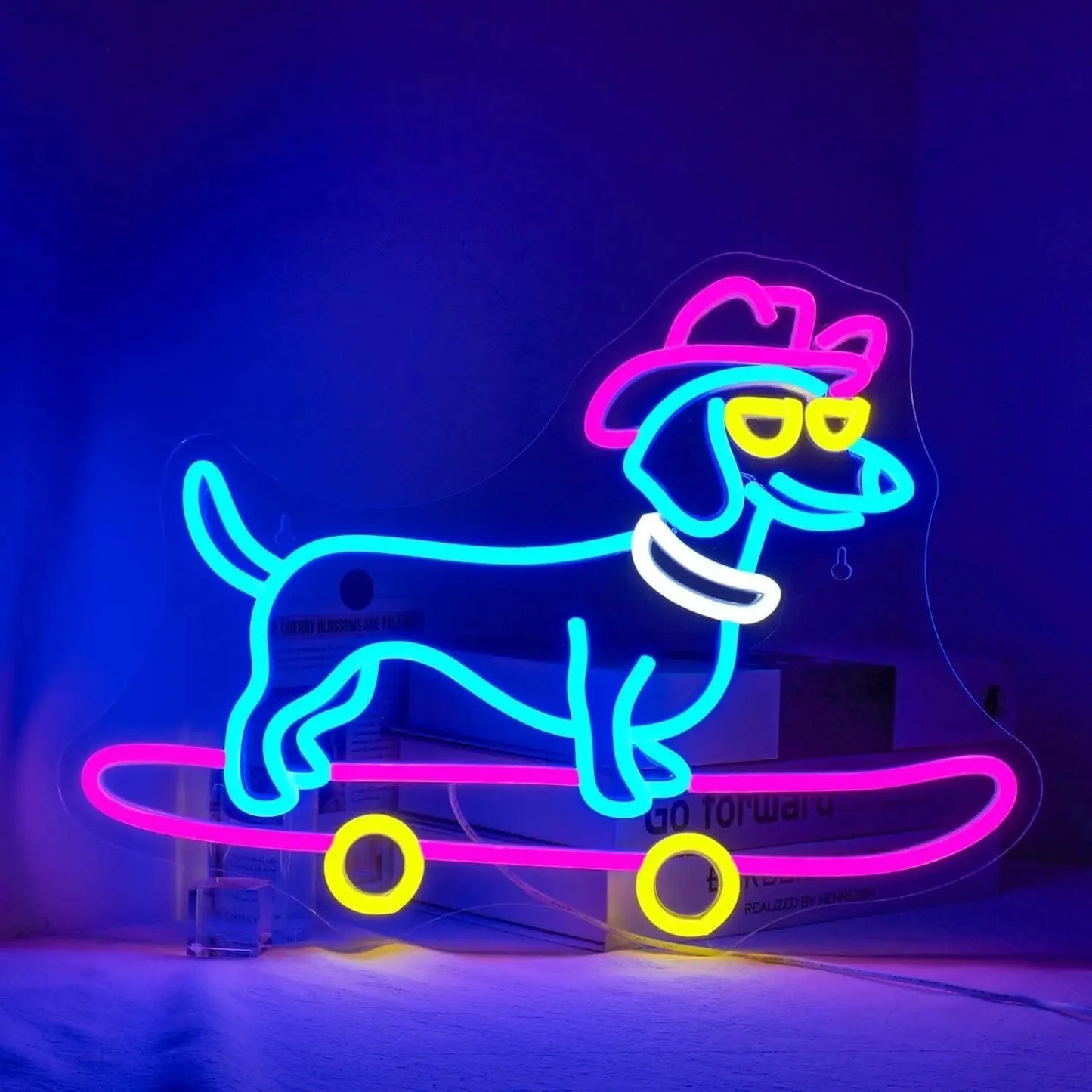 Santa Dachshund Neon Sign Blue Dachshund  with Skateboard The Doxie World