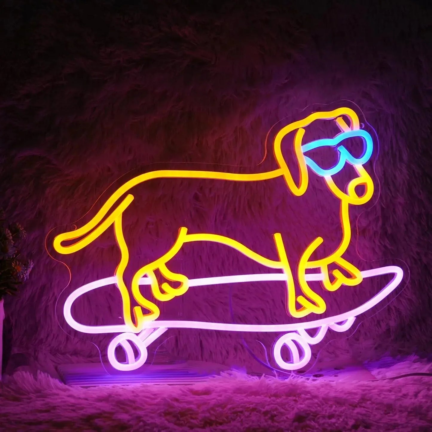 Santa Dachshund Neon Sign Yellow Dachshund  with Skateboard The Doxie World